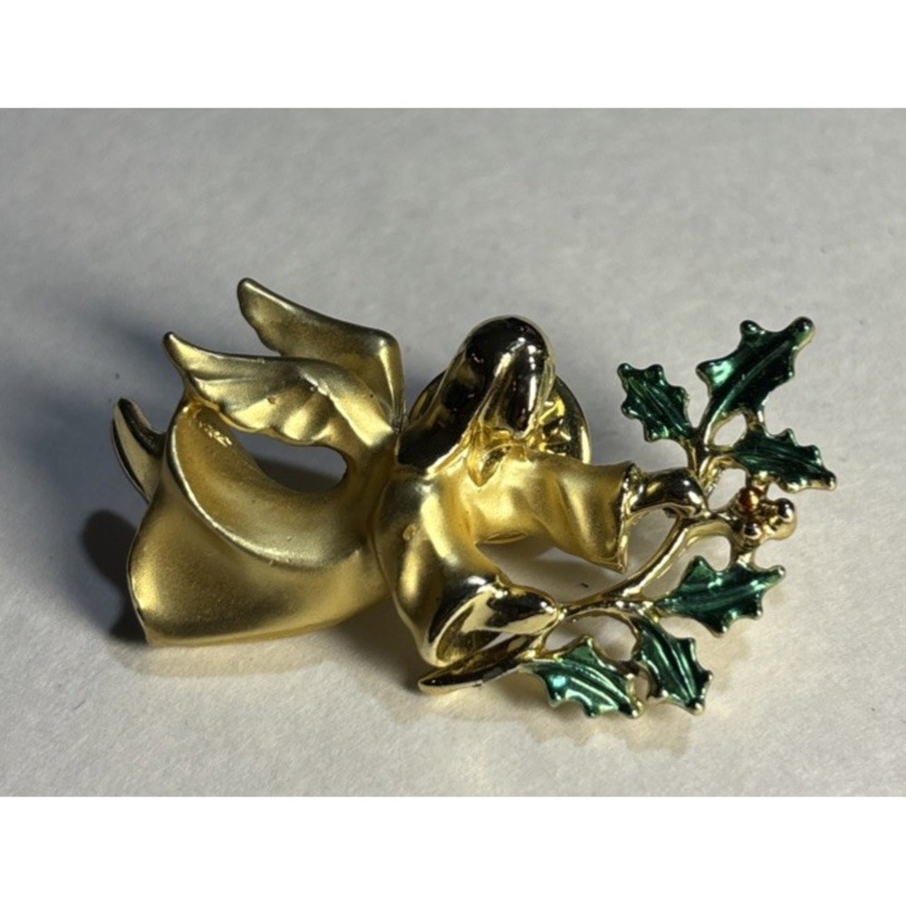 Vintage Pin Brooch Winged Angel Carrying Holly Berry Signed Giusti 1-1/2"